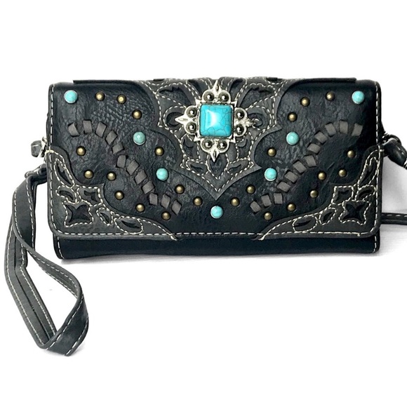 New Hand Tooled Faux Vegan Peta Approved Leather Turquoise Stone Clutch Bag - Picture 3 of 6